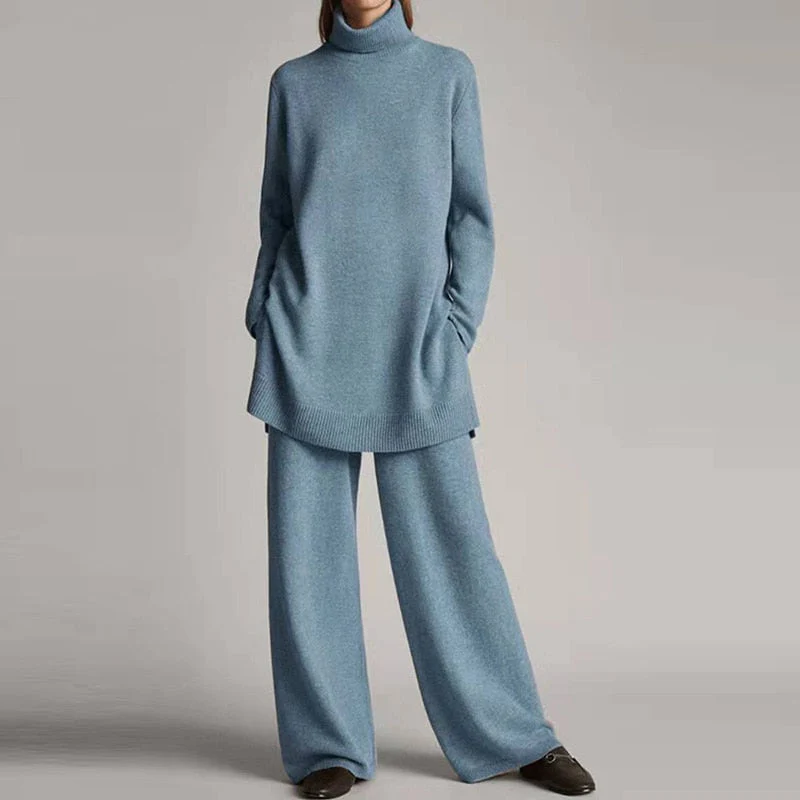 Ensemble Loungewear Deux Pièces Femme Haut Col Roulé Maille Mélange Laine Coupe Oversize Pantalon Large