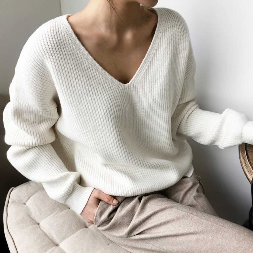 Pull Femme Oversize À Manches Longues Tricot Côtelé Col V Profond Style Décontracté Nordisk Flair
