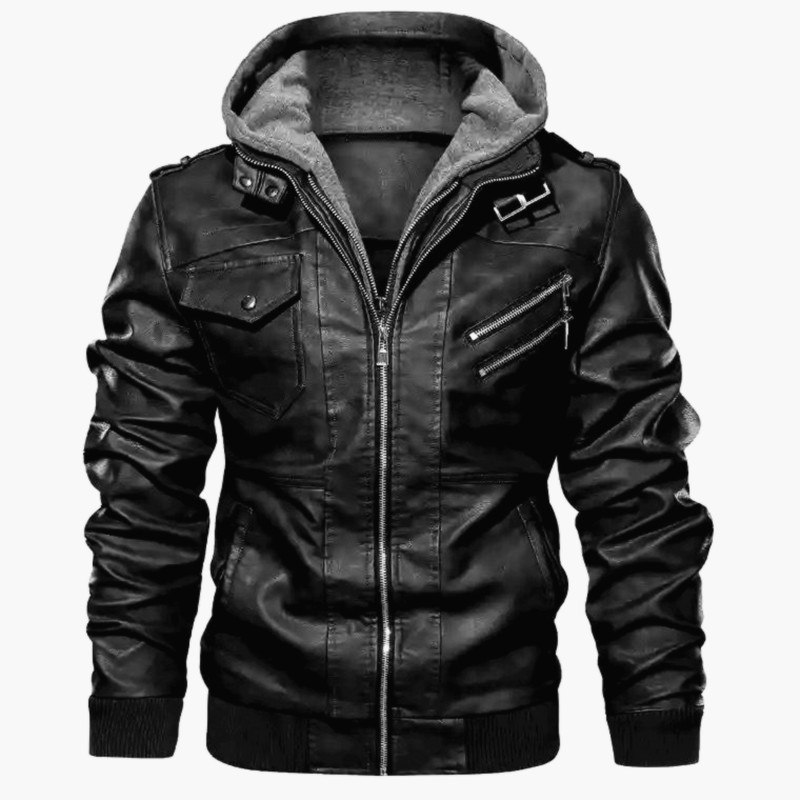 Veste Homme En Cuir Avec Capuche Slim Fit Style Bomber Poches Zippées Et Ourlet Côtelé
