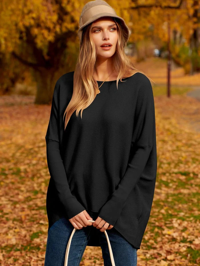 Pull Femme Oversize en Maille Douce Mélange Laine Manches Longues Longueur au Niveau des Hanches