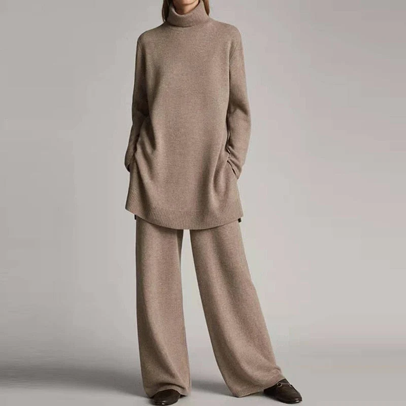 Ensemble Loungewear Deux Pièces Femme Haut Col Roulé Maille Mélange Laine Coupe Oversize Pantalon Large
