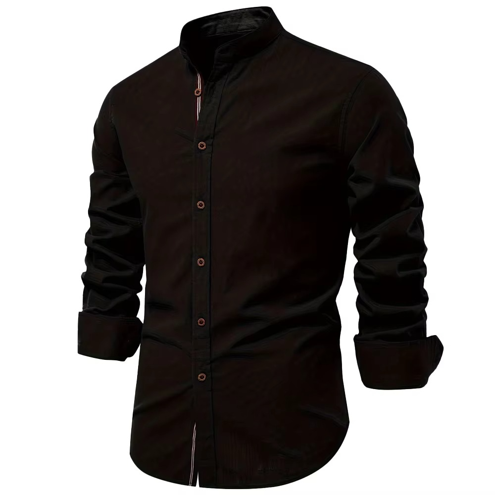 Chemise Homme Décontractée en Coton à Manches Longues Avec Col Montant et Patte de Boutonnage Rayée
