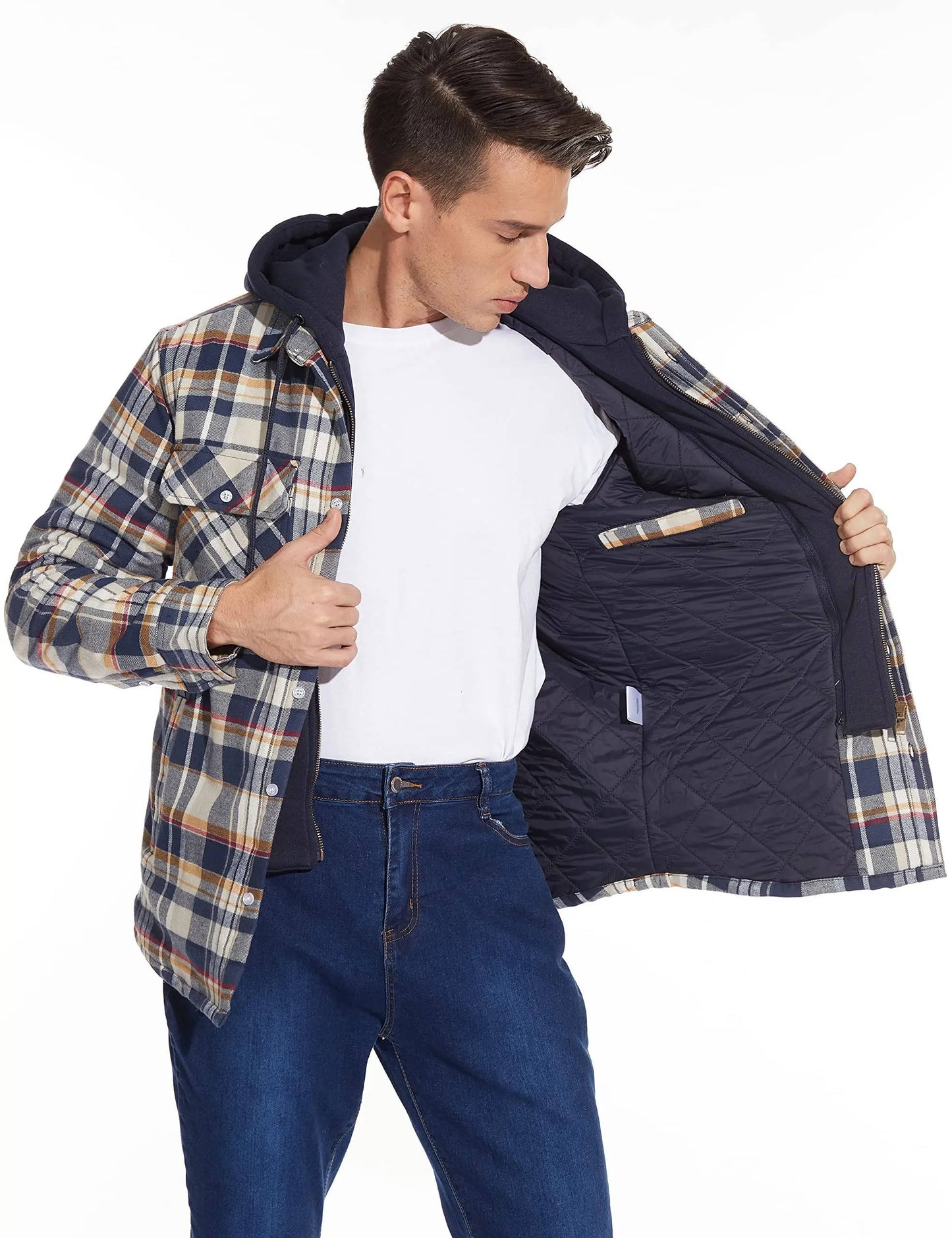 Amawinc Veste Bomber À Capuche À Carreaux Avec Fermeture Éclair Avant Et Doublure Chaude Pour Tous Les Jours
