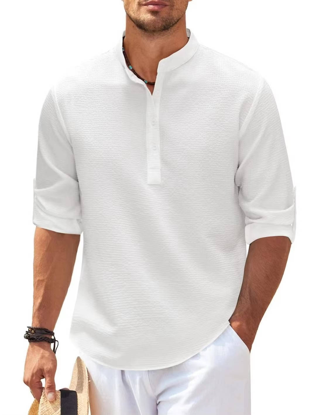 Chemise Henley Texturée À Maille Gauffrée Beige Manches Retroussées Pour Confort Décontracté Quotidien