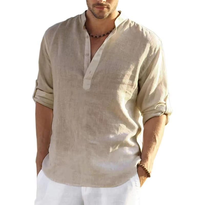 Chemise Henley En Lin Pour Homme Avec Manches Roulées Respirante Légère Décontractée Été Par Amawinc