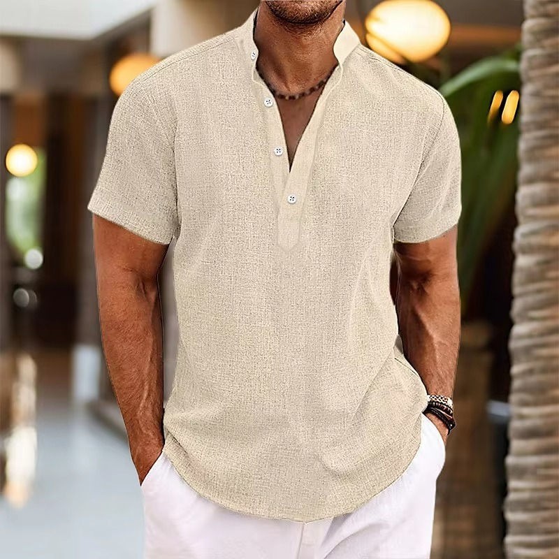 Amawinc Chemise Henley À Manches Courtes En Lin Pour Homme Décontractée Respirante Léger Boutonnage Plastron