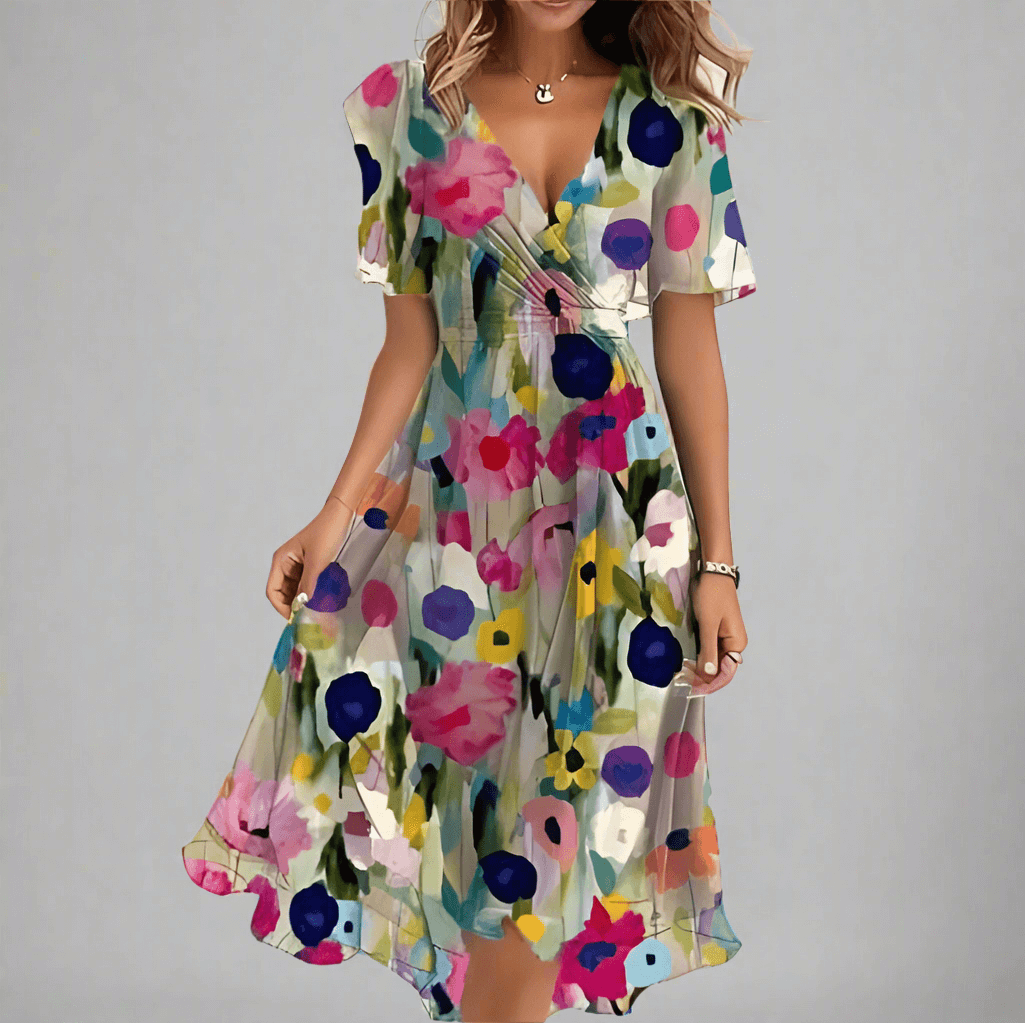Robe Midi Fluide À Fleurs Avec Haut Enveloppant Ajustable Et Décolleté En V Féminin Élégante - Elena Amawinc