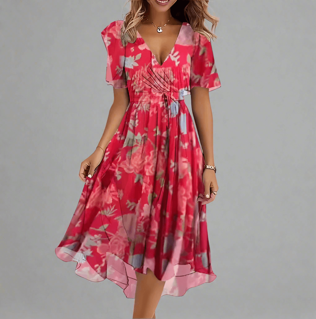 Robe Midi Fluide À Fleurs Avec Haut Enveloppant Ajustable Et Décolleté En V Féminin Élégante - Elena Amawinc