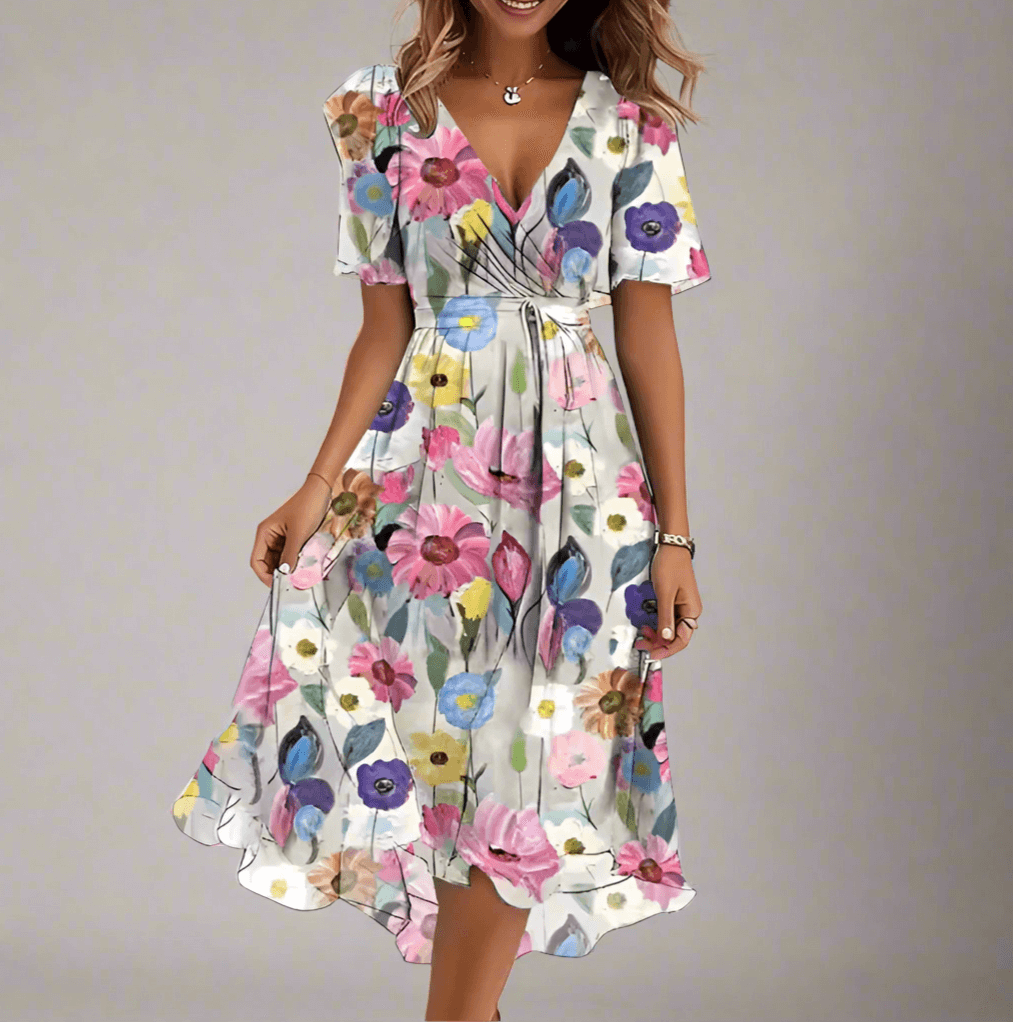 Robe Midi Fluide À Fleurs Avec Haut Enveloppant Ajustable Et Décolleté En V Féminin Élégante - Elena Amawinc