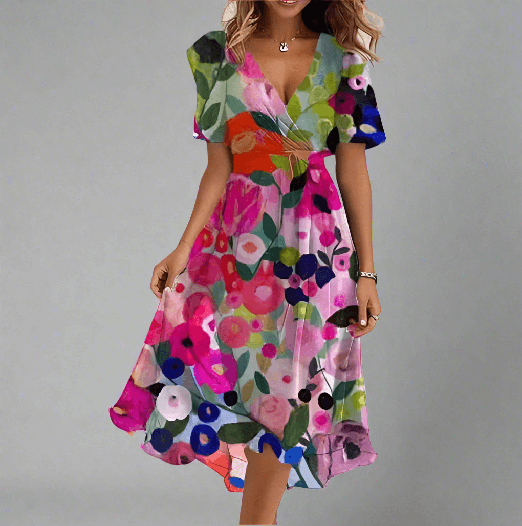 Robe Midi Fluide À Fleurs Avec Haut Enveloppant Ajustable Et Décolleté En V Féminin Élégante - Elena Amawinc