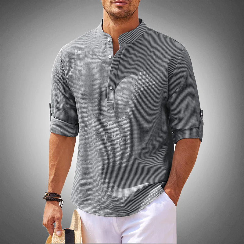 Chemise Homme En Lin Mélangé Col Mandarin Boutonnage À Demi Coupe Décontractée Par Amawinc