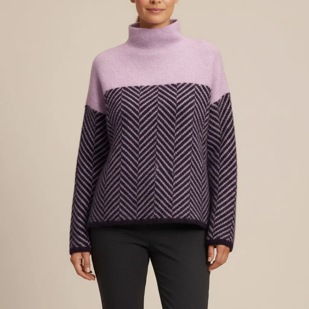 Pull Col Roulé Bicolore Pour Femmes Oversize Avec Motif Chevron Moderne Confortable