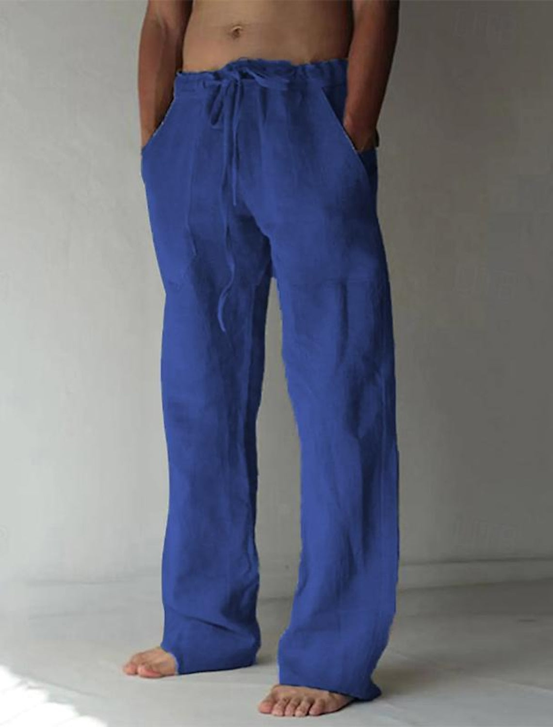 Pantalon Pour Homme En Lin Respirant Léger À Cordon Coupe Ample Décontracté Été Style Décontracté