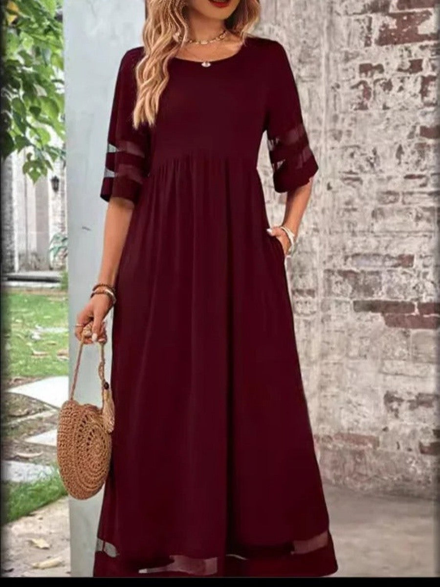 Robe Maxi Femme Décontractée Léger Respirant Col Rond Détails de Coupe pour Tous les Jours
