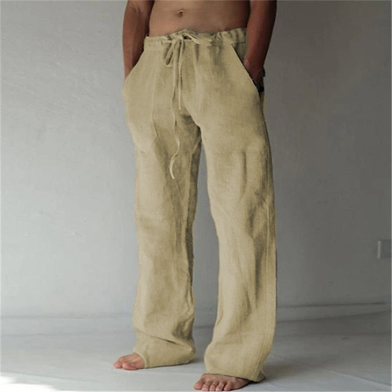 Pantalon Pour Homme En Lin Respirant Léger À Cordon Coupe Ample Décontracté Été Style Décontracté