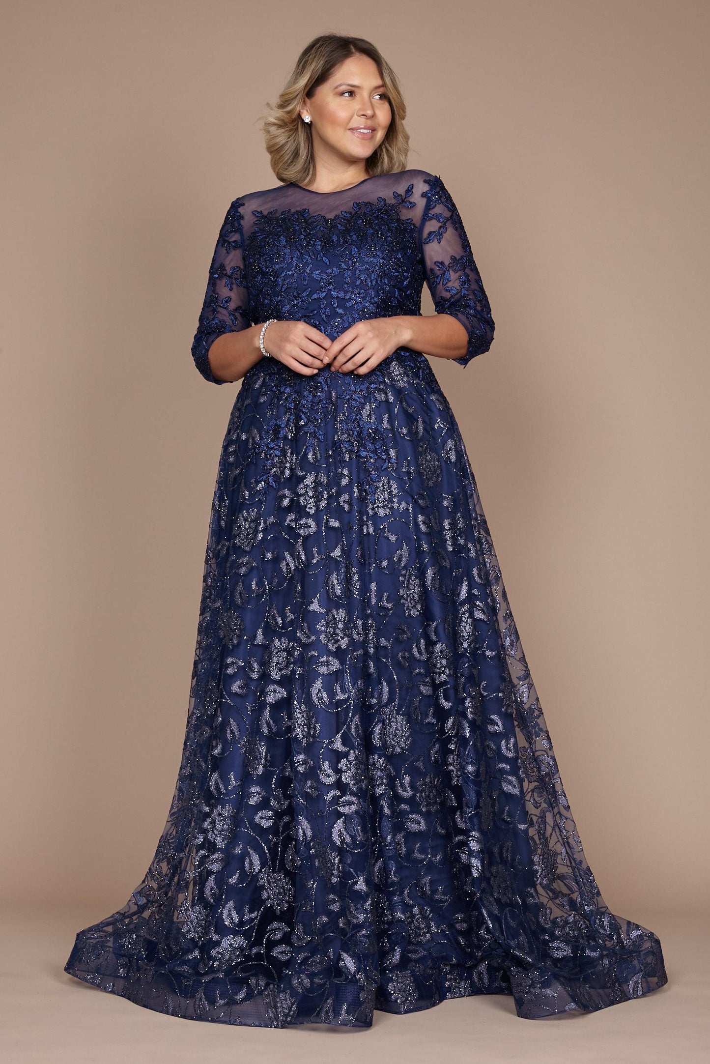 Robe Longue de Soirée en Dentelle pour Mère de la Mariée avec Silhouette Ligne A Encolure Ronde Manches Trois Quarts