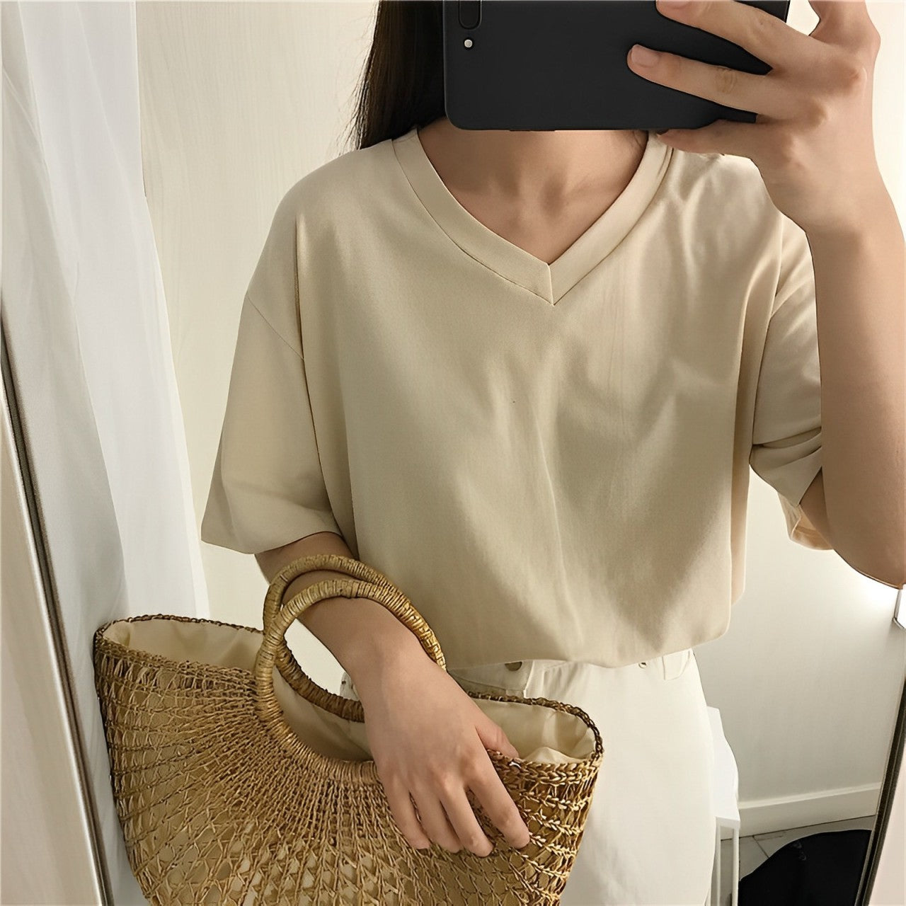 Alva Shirt – Einfarbiges V-Neck Lockeres Shirt