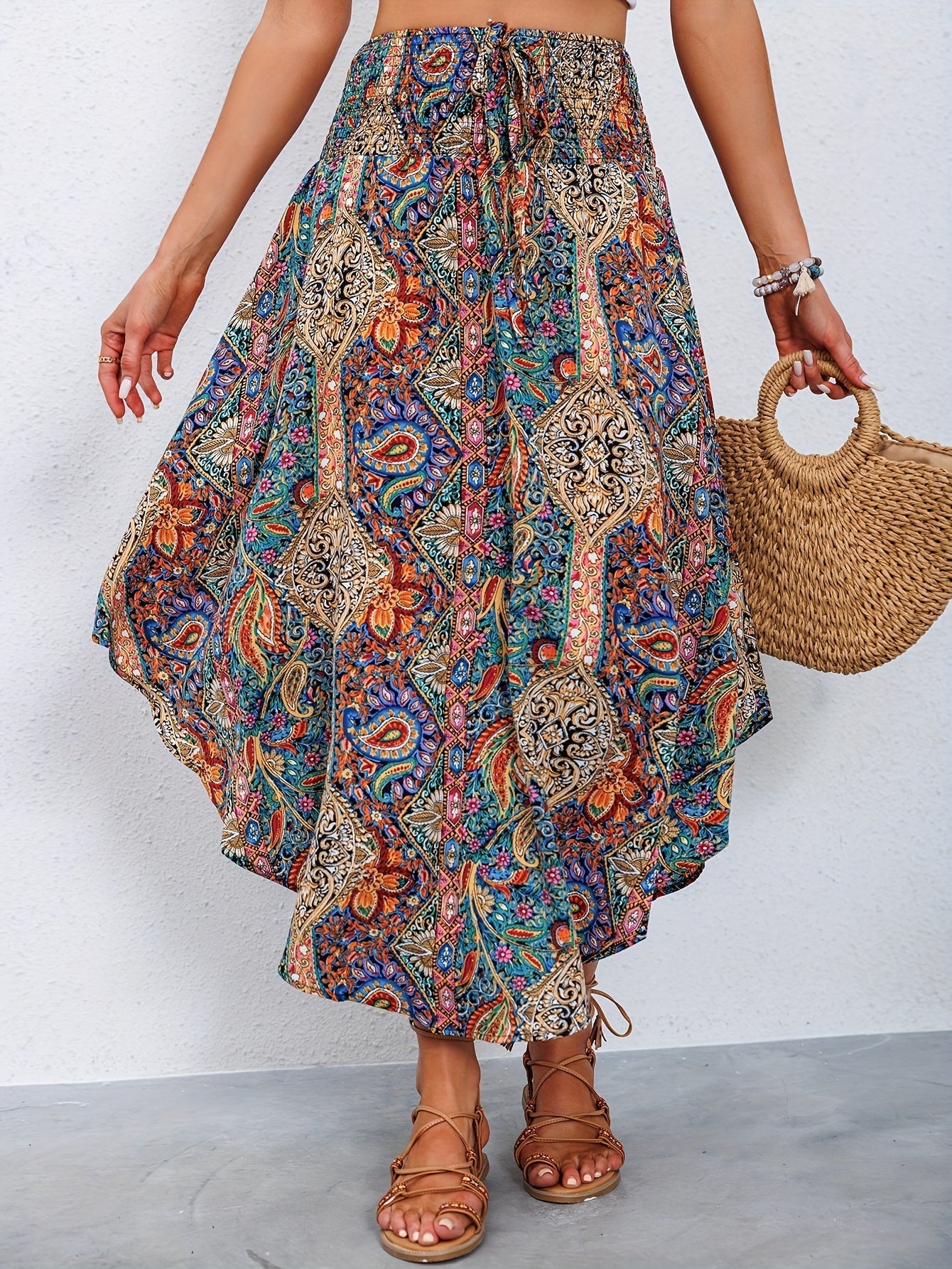 Jupe Maxi Femme Bohème Imprimé Paisley Ourlet Asymétrique Fluide Ceinture Élastique