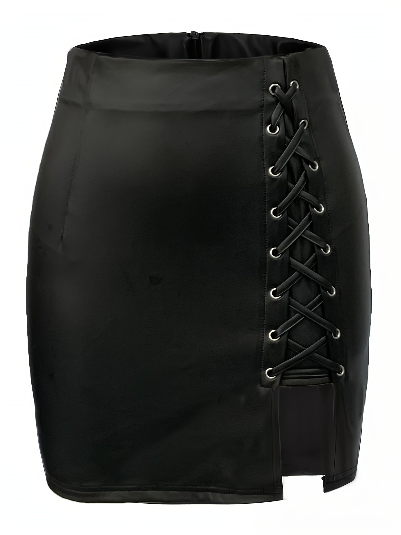 Jupe Mini Femme Taille Haute Effet Cuir Détail Lacet Fente Style Nordique Élégant