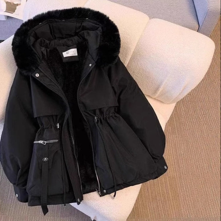 Amawinc Alice Manteau Hiver Femme En Fourrure Synthétique Confortable Capuche Amovible Taille Ajustable Style Chic