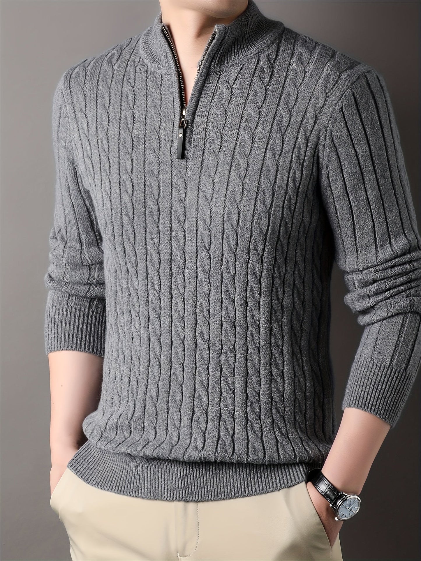 Pull Amawinc Pour Homme Tricot Câblé À Motif Côtes Demi Zip Confort Hivernal Quotidien Durable