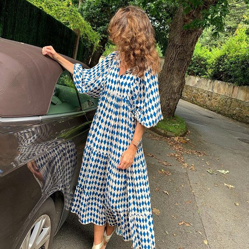Robe Bohème Verde Vintage Imprimé Floral Col V Manches Courtes Évasées Longueur Mi Longue