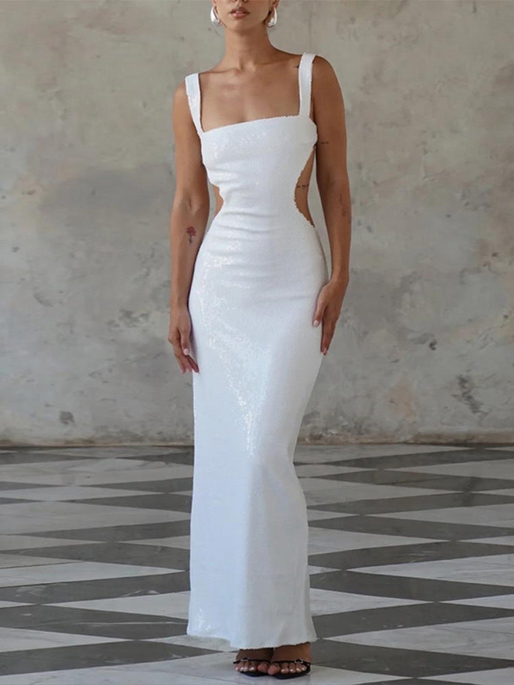 Fudus Glitzer-Neckholderkleid mit quadratischem Ausschnitt und offenem Rücken