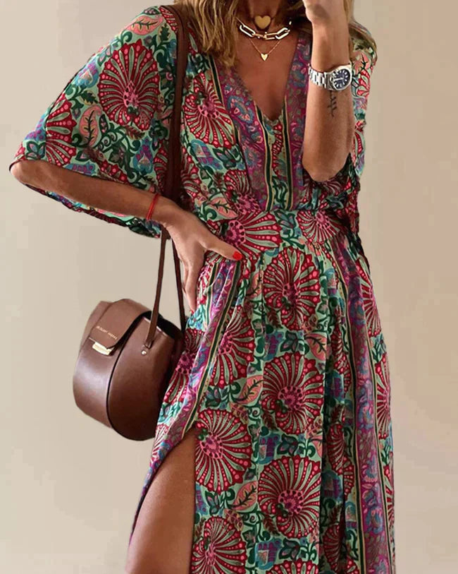 Robe Maxi Femme Col V Motif Fleuri Manches Mi Longues Avec Fente Haute Coupe Ample