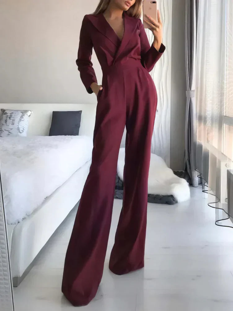 Combinaison Femme Élégante Coupe Sur Mesure Avec Encolure V Manches Longues Jambes Évasées