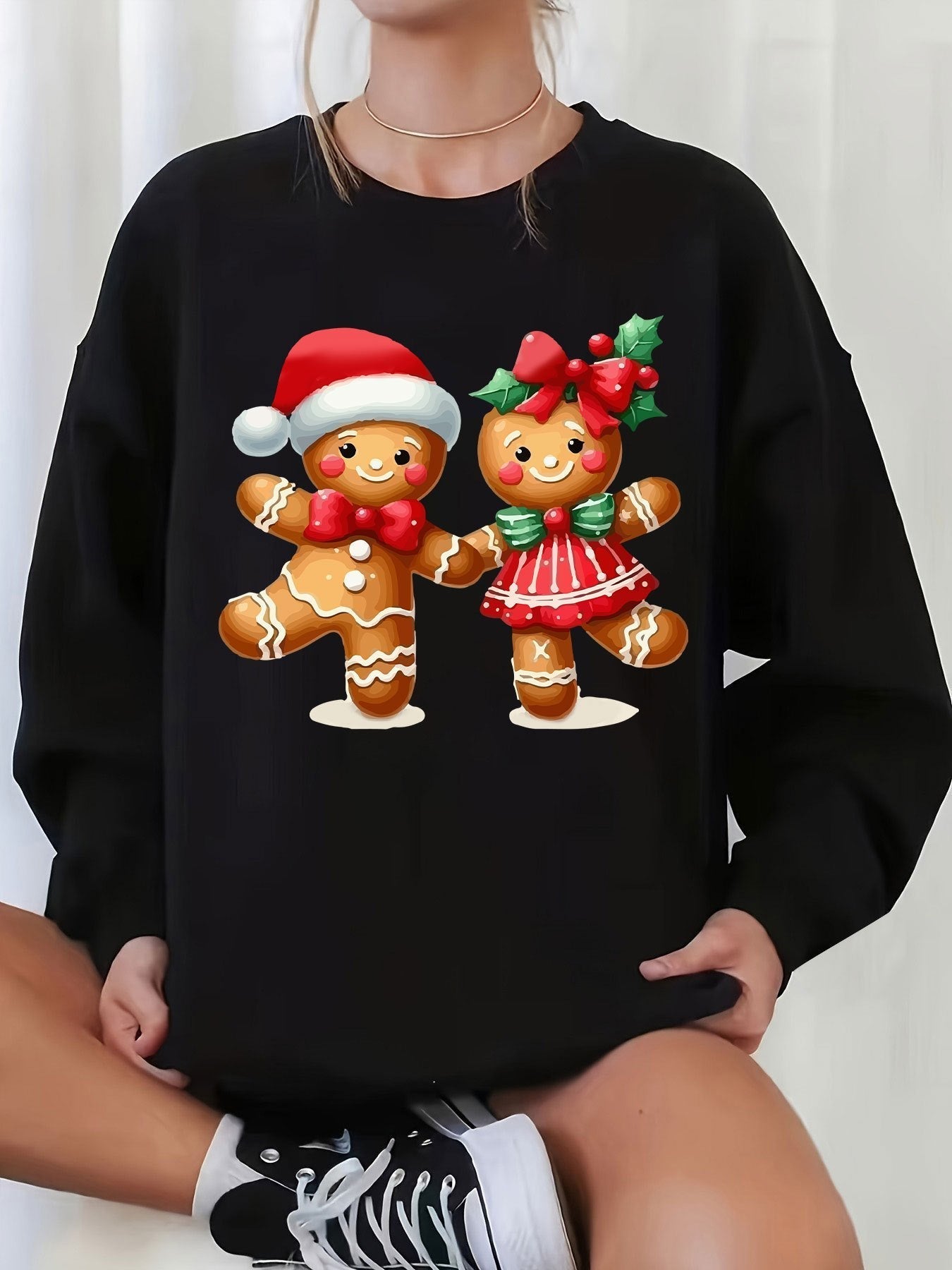 Amawinc | Sweatshirt mit Weihnachtsdruck Baumwolle Lebkuchenmänner Design