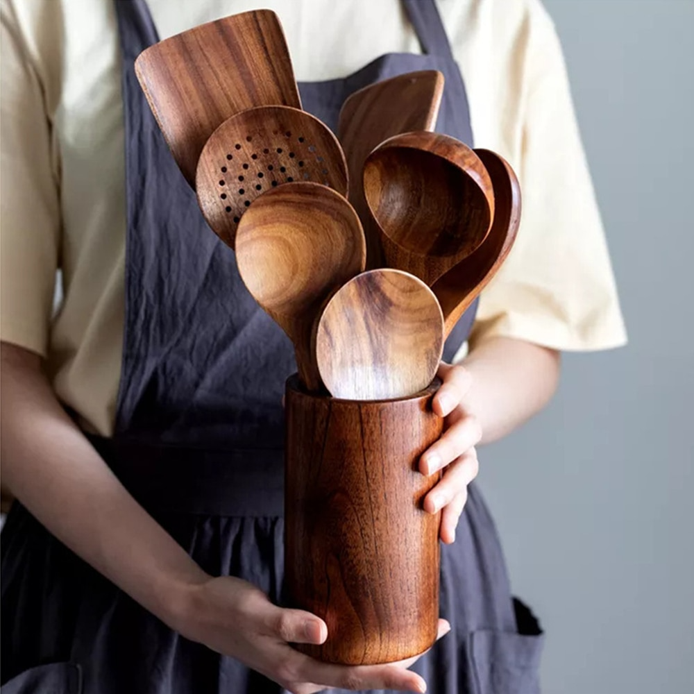Teak Utensil Set With Smooth Finish and Sturdy Design - Amawinc