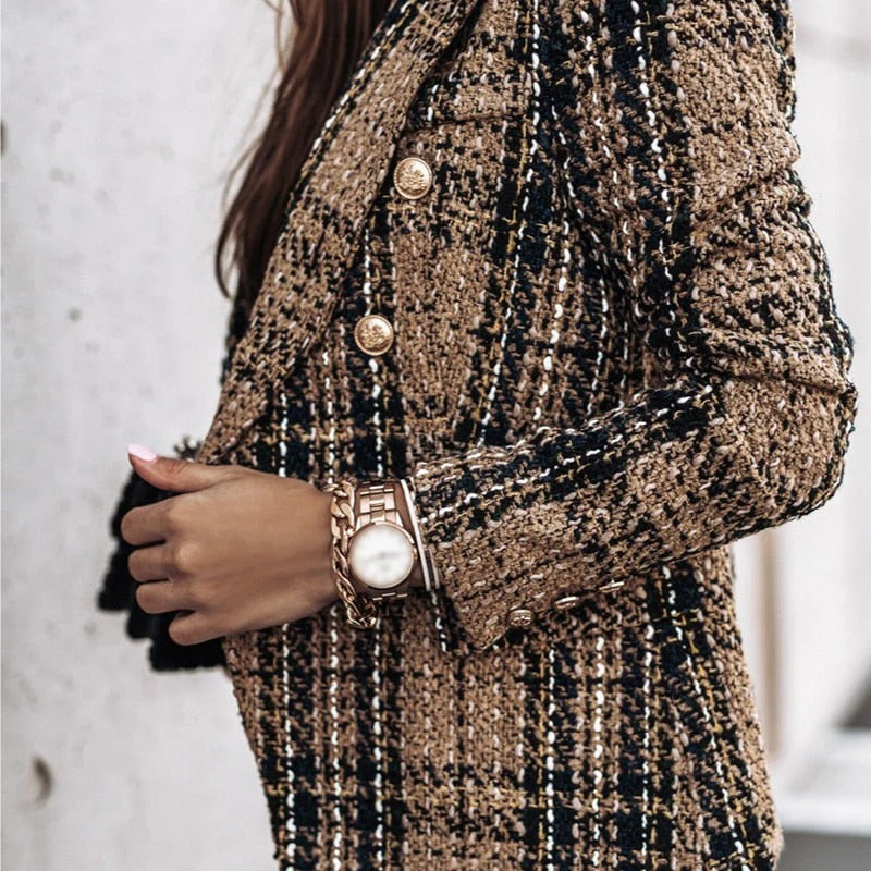 Amawinc Dame Blazer Femme Tweed Motif Coupe Taillée Boutons Dorés Élégante Design