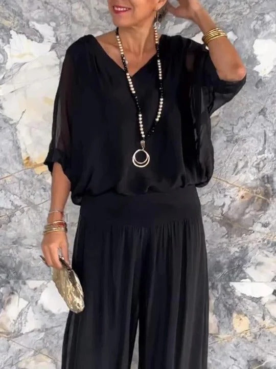 Ensemble Deux Pièces Pantalon En Chiffon À Jambe Large Et Haut Assorti Pour Un Style Élégant Confortable Et Fluide