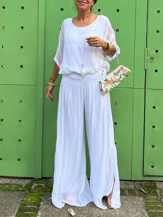 Ensemble Deux Pièces Pantalon En Chiffon À Jambe Large Et Haut Assorti Pour Un Style Élégant Confortable Et Fluide