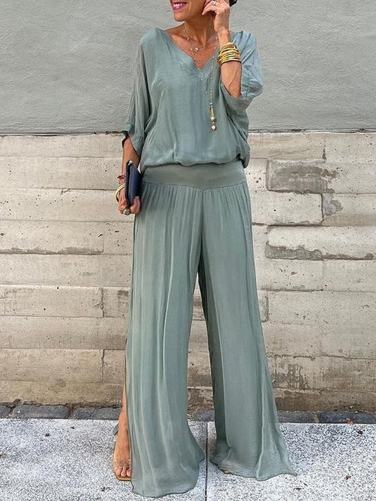 Ensemble Deux Pièces Pantalon En Chiffon À Jambe Large Et Haut Assorti Pour Un Style Élégant Confortable Et Fluide