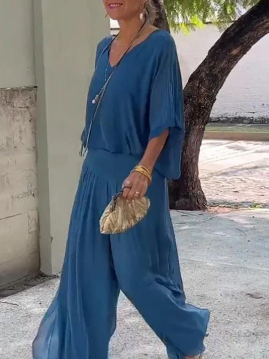 Ensemble Deux Pièces Pantalon En Chiffon À Jambe Large Et Haut Assorti Pour Un Style Élégant Confortable Et Fluide