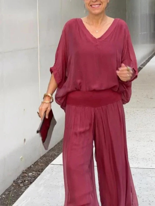 Ensemble Deux Pièces Pantalon En Chiffon À Jambe Large Et Haut Assorti Pour Un Style Élégant Confortable Et Fluide