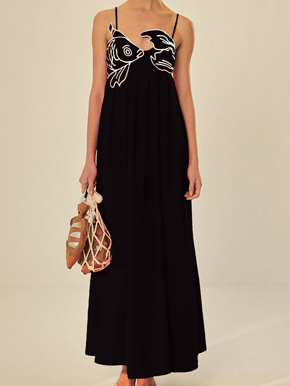 Robe Midi Brodée À Bretelles Spaghetti Motif Poisson Pour Été Léger Et Frais Idéale Pour Vacances Décontractées