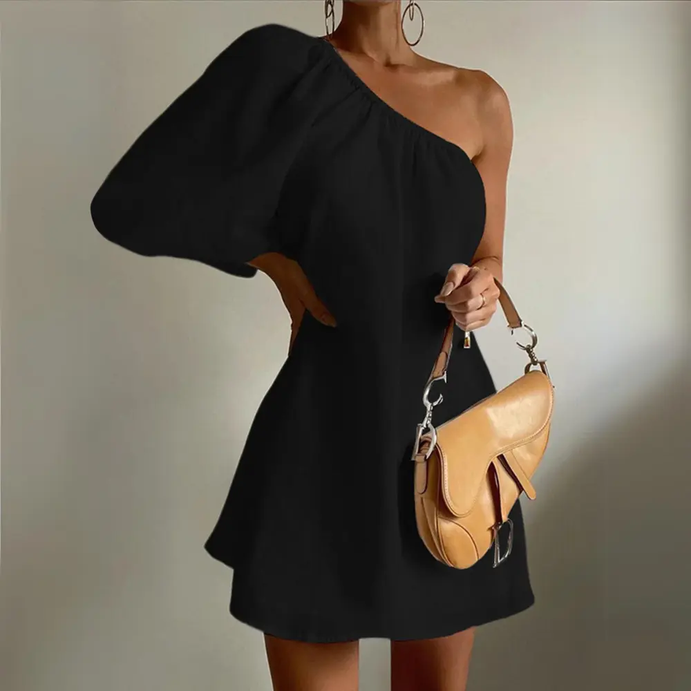 Robe Emma Amawinc À Une Épaule Avec Manches Bouffantes Et Col Asymétrique Mini Moderne Pour Soirée Élégante