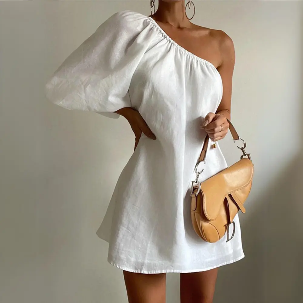 Robe Emma Amawinc À Une Épaule Avec Manches Bouffantes Et Col Asymétrique Mini Moderne Pour Soirée Élégante