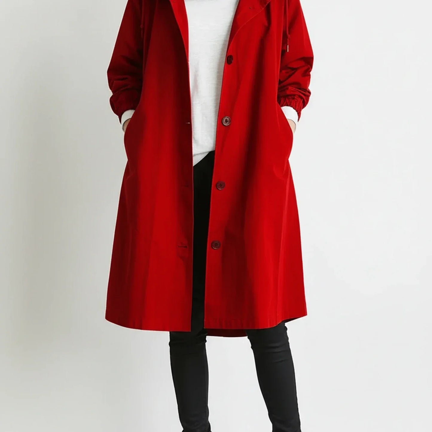 Manteau Long à Capuche pour Femme Coupe A Ligne Avec Boutons Poches Latérales et Cordons de Capuche Raglan