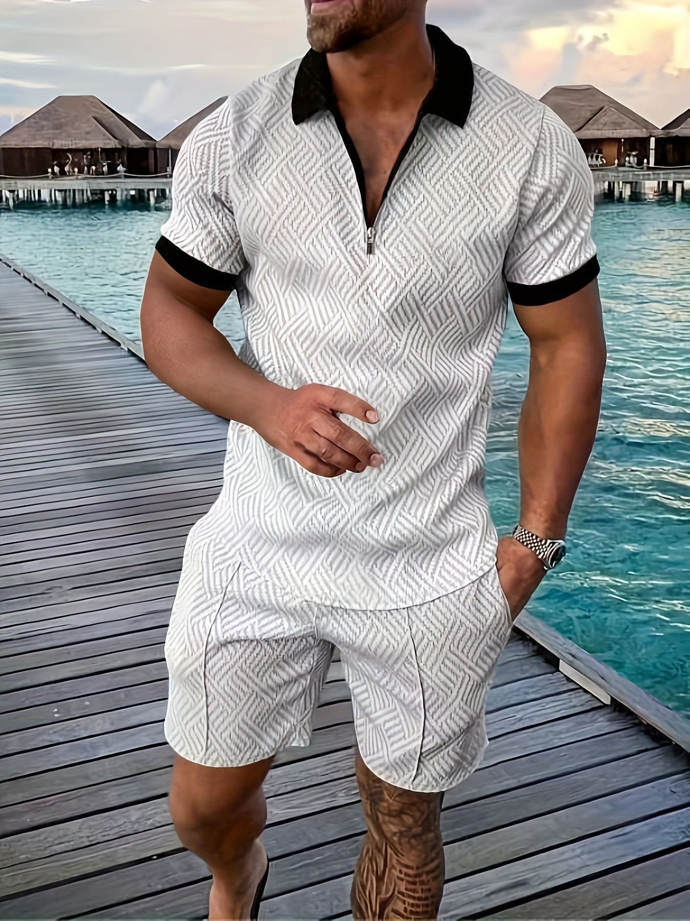 Combinaison Homme Respirante En Coton Mélangé À Manches Courtes Avec Fermeture Éclair Motif Géométrique
