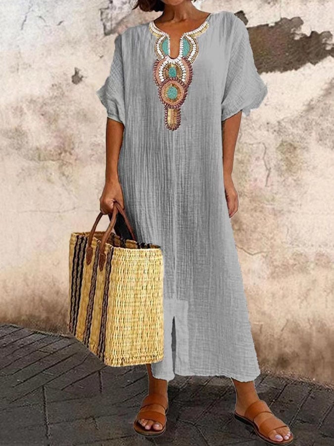Robe Kaftan Femme Coupe Décontractée Encolure Brodée Mélange Coton Froissé Idéale Été Vacances Confortable