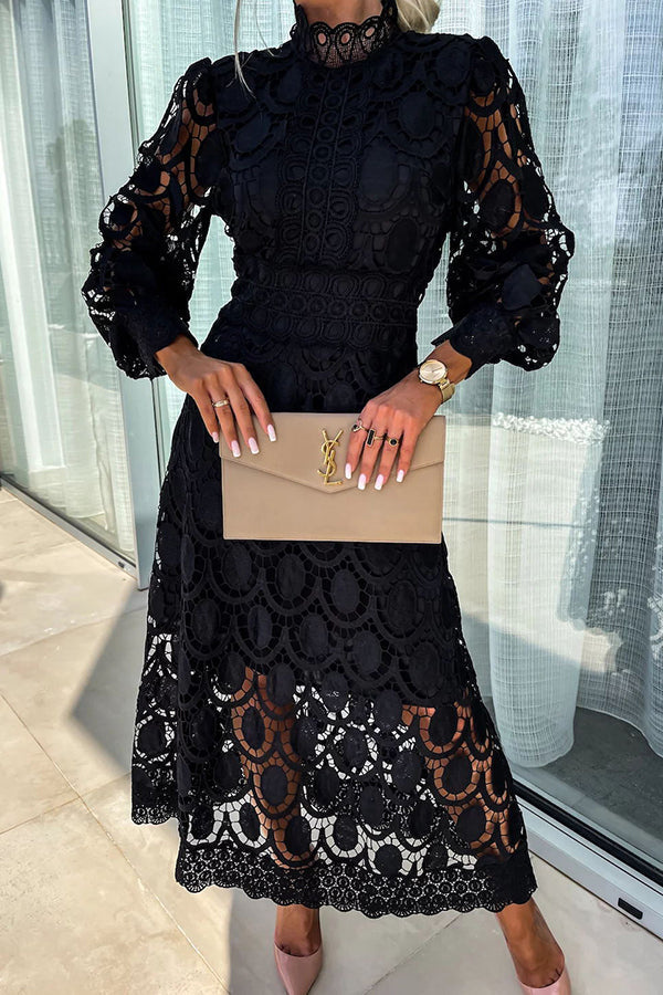Robe En Dentelle Pour Femme Midi Coupe A Ligne Manches Longues Élégante Design Raffinée