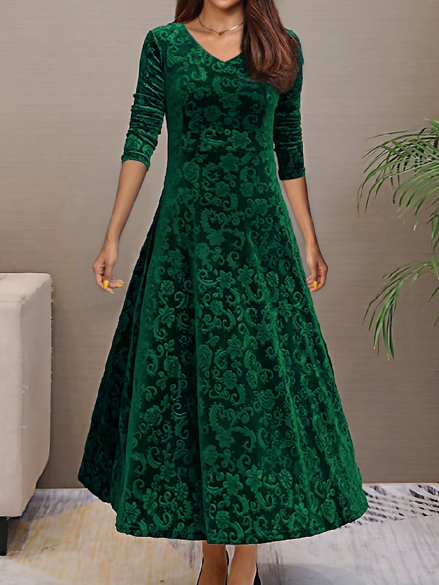 Robe De Soirée Femme En Velours Avec Décolleté En V Silhouette A Ligne Manches Trois Quarts Motif Floral Amawinc