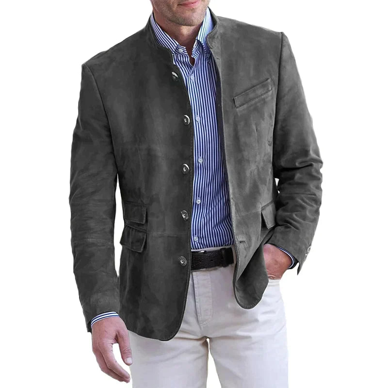 Veste En Daim Pour Homme Coupe Ajustée Col Mandarin Boutons Sur Une Rangée Style Nordique Moderne