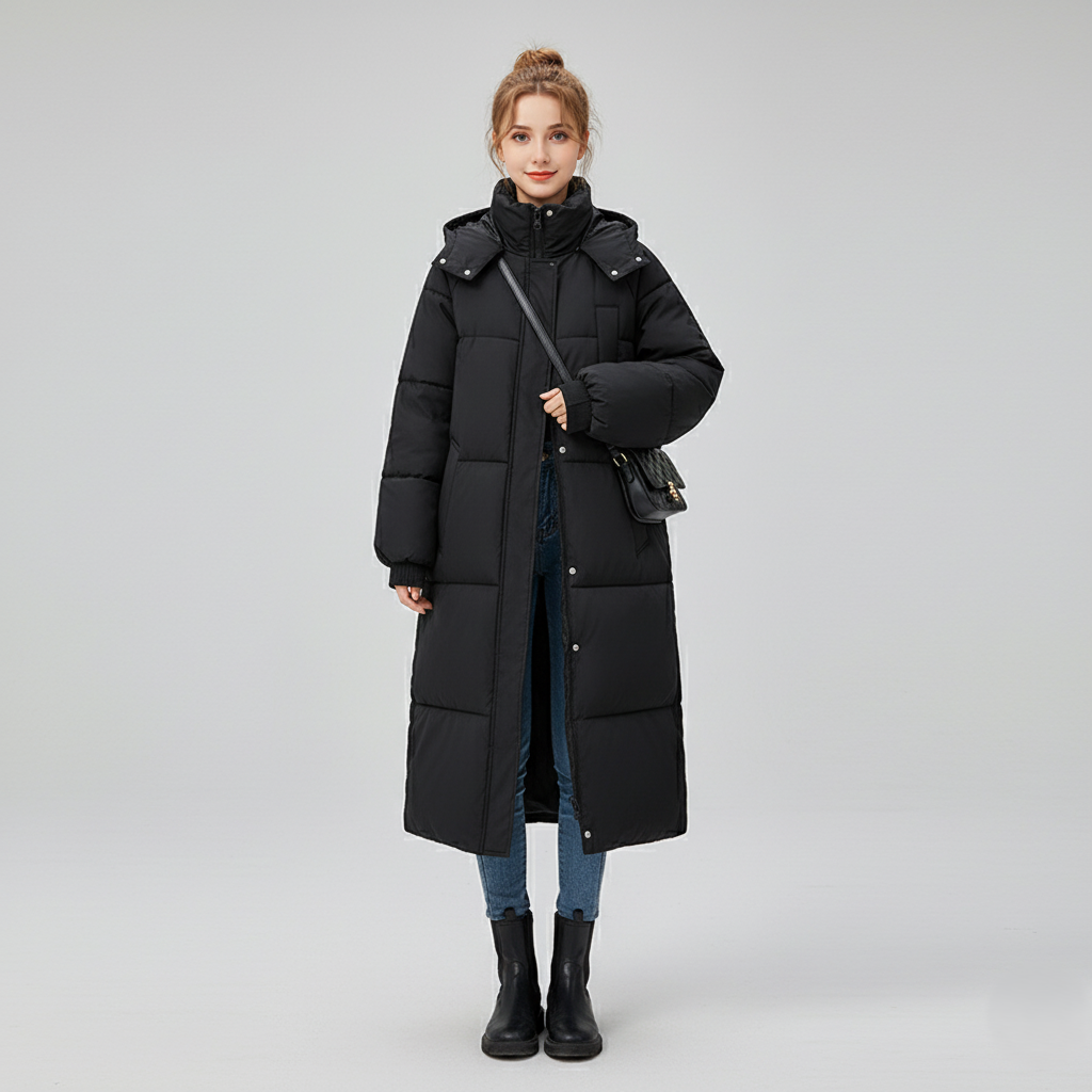 Trench Puffer Long Pour Femme Coupe Oversize Matelassé Isolant Capuche Col Haut Manteau Nordisk Flair