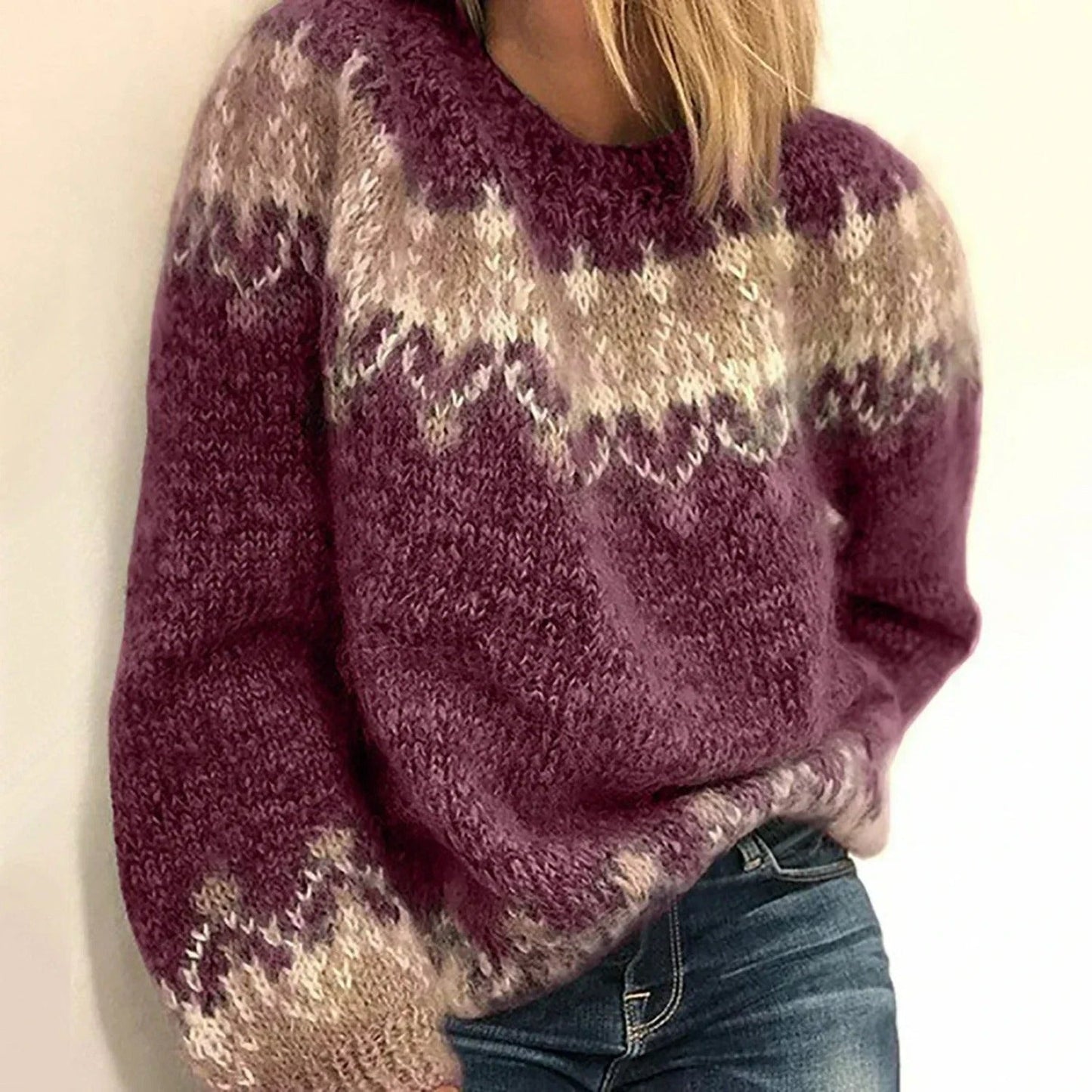 Pull Femme Oversize en Laine Mélangée Motif Fair Isle Col Rond Très Confortable et Chaud