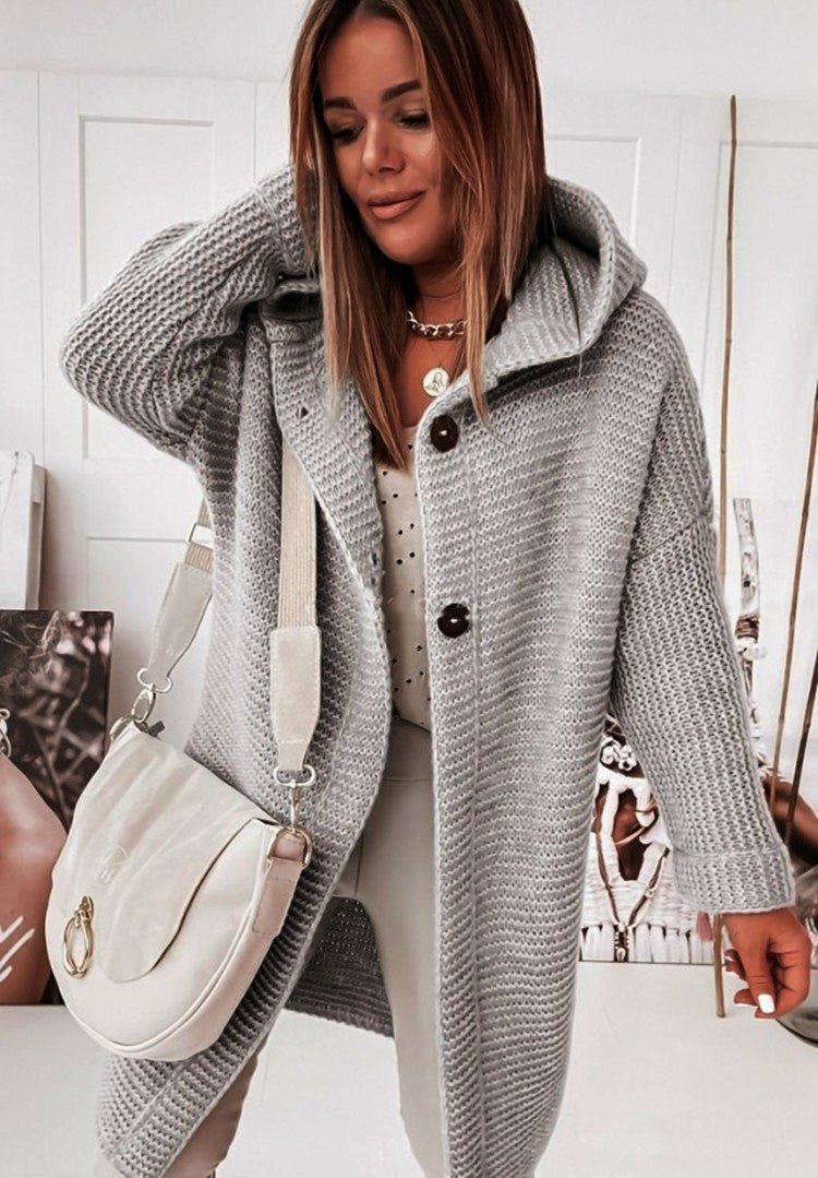 Cardigan à Capuche Femme en Laine Tricotée Coupe Décontractée Mi Longueur Bouton Unique