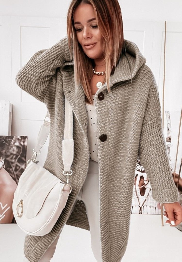 Cardigan à Capuche Femme en Laine Tricotée Coupe Décontractée Mi Longueur Bouton Unique